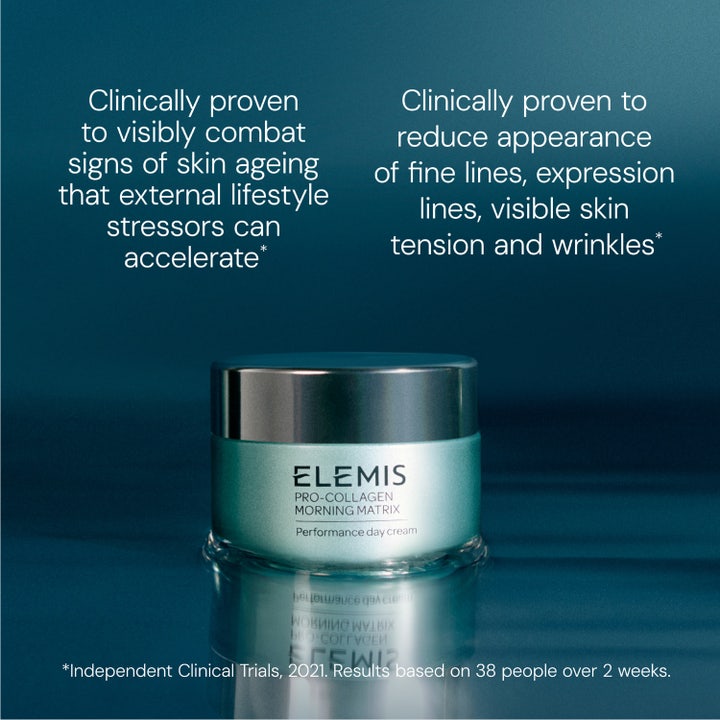 Elemis Pro-Collagen Morning Matrix 50 ml dagkräm anti age collagen i turkos glasburk som reducerar fina linjer