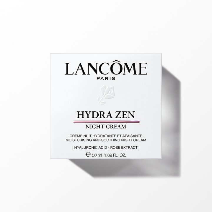 Lancôme Hydra Zen Night Cream 50 ml återfuktande nattkräm i vit ytterkartong med lugnande rosextrakt.