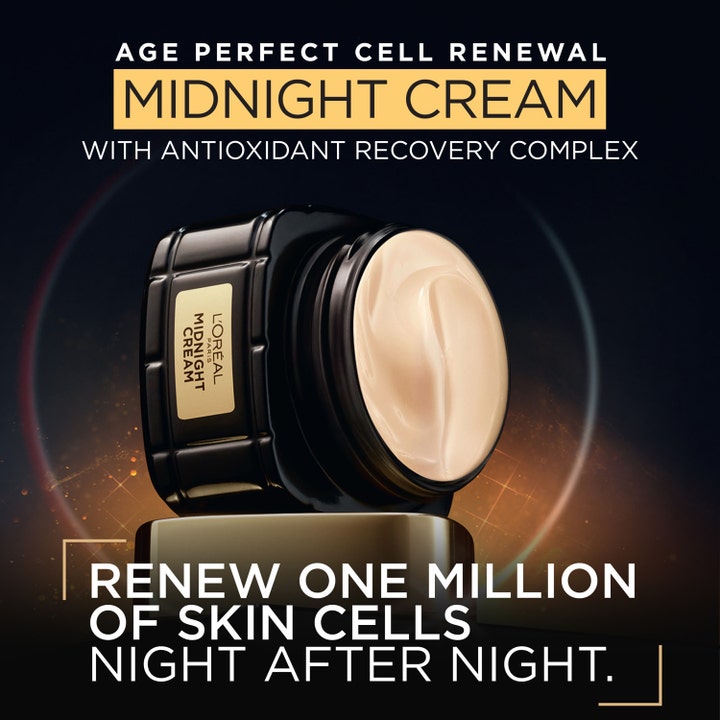 L'Oréal Paris Midnight Cream 50 ml age perfect cellförnyelse nattkräm i svart glasburk med krämig formula