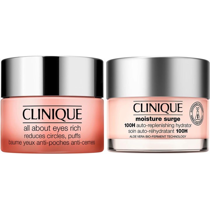 Clinique All About Eyes Rich och Moisture Surge 100H återfuktande ansiktskräm och ögonkräm i aprikosfärgade glasburkar