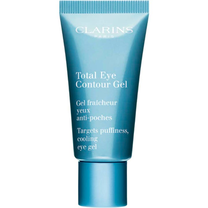 Clarins Total Eye Contour Gel anti-svullnad återfuktande ögongel i en ljusblå plasttub som dämpar puffighet.