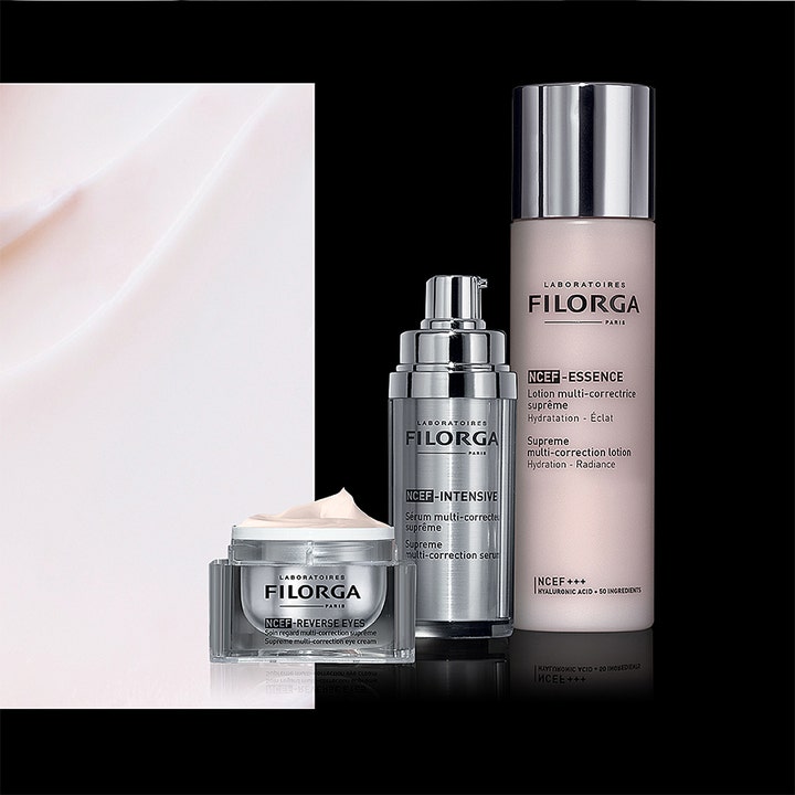 Filorga NCEF-Reverse Eyes 15 ml intensiv ögonkräm mot fina linjer visas med krämig rosa textur och NCEF-serien