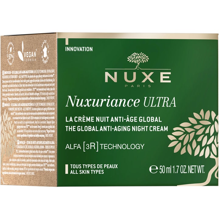 Nuxe Nuxuriance Ultra 50 ml anti age nattkräm i grön ytterförpackning med guldiga detaljer och vegansk symbol.