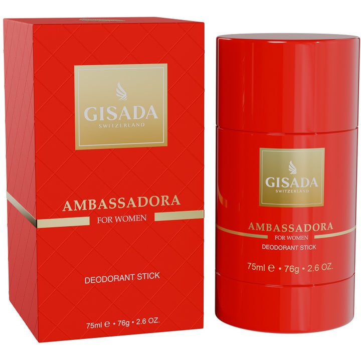 Gisada Ambassadora 75ml deodorant stick för dam ger lyxig fräschör i röd hylsa och mönstrad ask med gulddetaljer