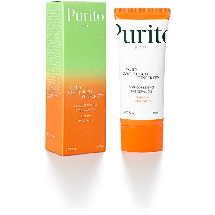 Purito Daily Soft Touch Sunscreen 60 ml solskydd ansikte med ceramider i vit tub med orange lock och ytterkartong.