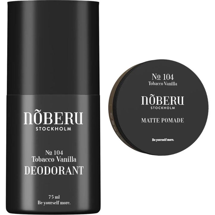 Nõberu Tobacco Vanilla Deodorant 75 ml och Matte Pomade hårvax i mattsvarta stilrena förpackningar för parfym och styling.