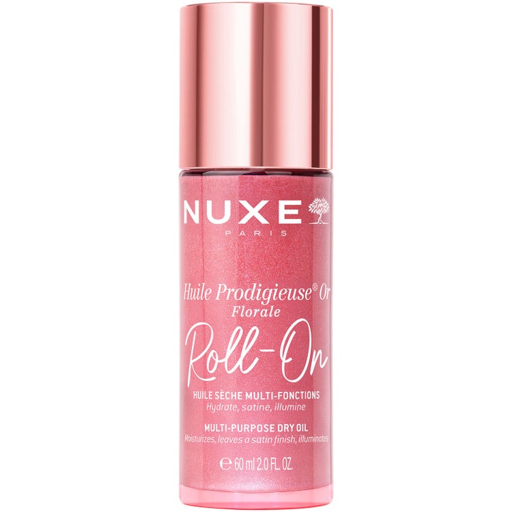 Nuxe Huile Prodigieuse Or Florale Roll-On 8 ml skimrande torrolja som ger lyster i rosa flaska med roséguldfärgad kork