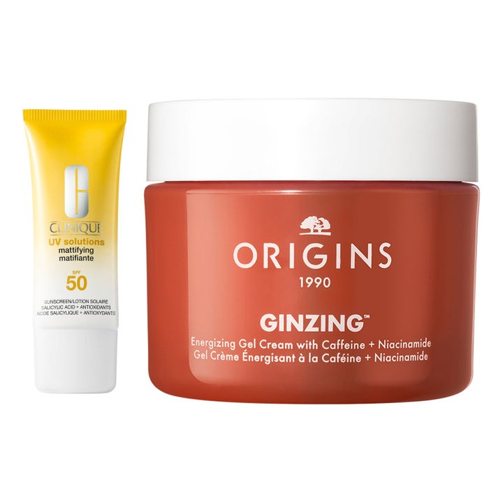 Clinique UV Solutions Mattifying Sunscreen och Origins Ginzing Gel Cream 90 ml i gul tub och orange burk med vitt lock