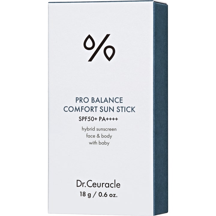 Dr. Ceuracle Pro Balance Sun Stick 18 g solstift och hybrid solskydd i vit ytterförpackning med SPF 50 för ansikte och kropp.