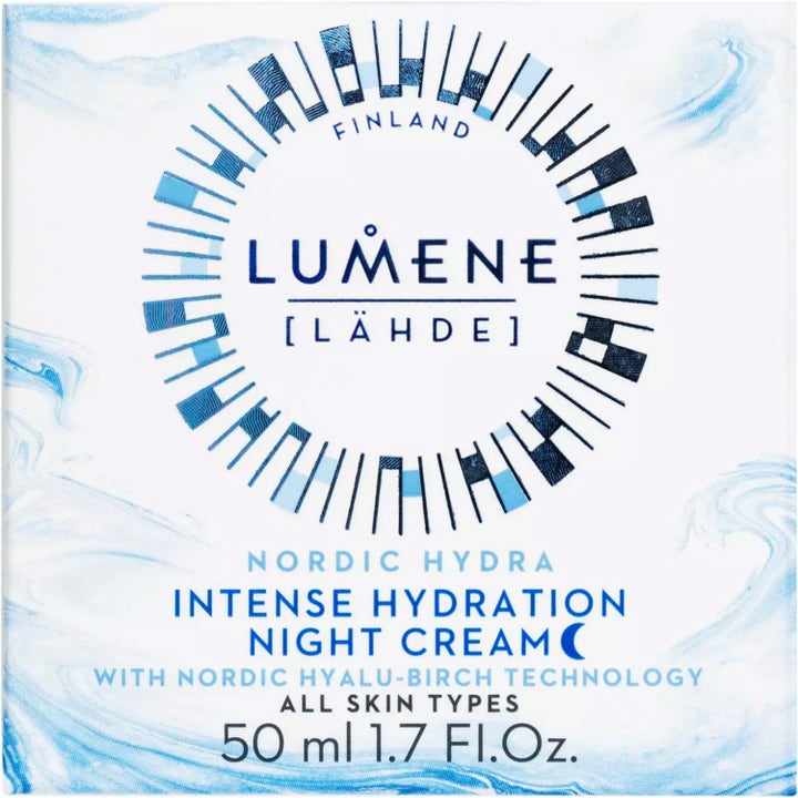 Lumene Nordic Hydra Intense Hydration Night Cream 50 ml återfuktande nattkräm i vit ytterförpackning med blått cirkelmönster.
