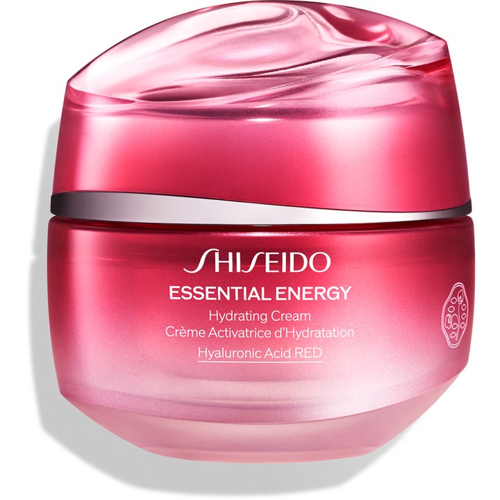 Shiseido Essential Energy Hydrating Cream ansiktskräm med hyaluronsyra i en skimrande rosa glasburk med vågformat lock