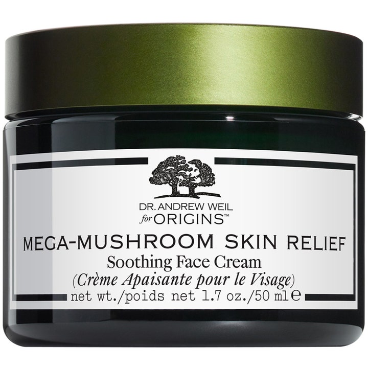 Origins Mega-Mushroom Skin Relief 50 ml lugnande ansiktskräm anti rodnad i mörkgrön glasburk med metallock