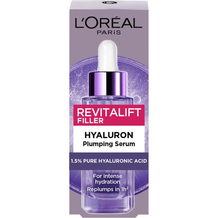 L'Oréal Paris Revitalift Filler 30 ml hyaluronsyraserum ger fukt i lila ytterförpackning med pipettflaska