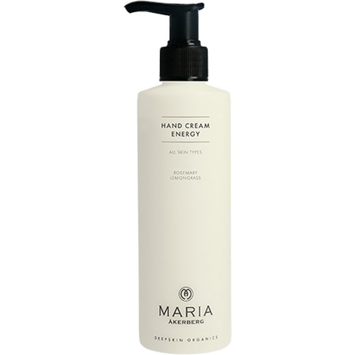 Maria Åkerberg Hand Cream Energy mjukgörande ekologisk handkräm i en vit plastflaska med svart pump.