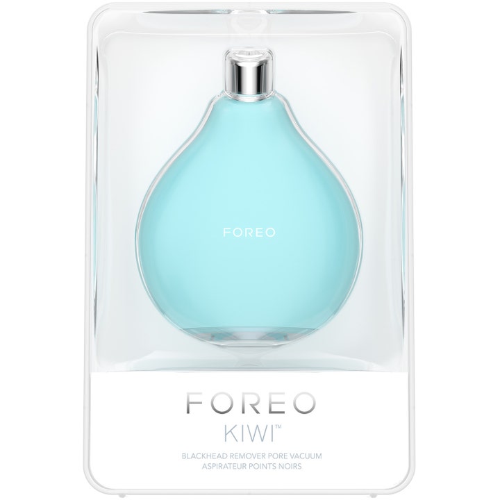 FOREO KIWI 1 st porsug för hudvård i ljusblå färg placerad i sin genomskinliga butiksförpackning