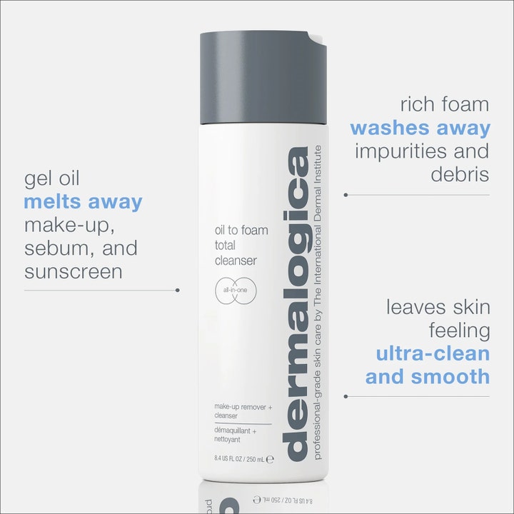 Dermalogica Oil to Foam Cleanser 250 ml ansiktsrengöring i vit flaska med grått lock som ger en ren och slät hy.