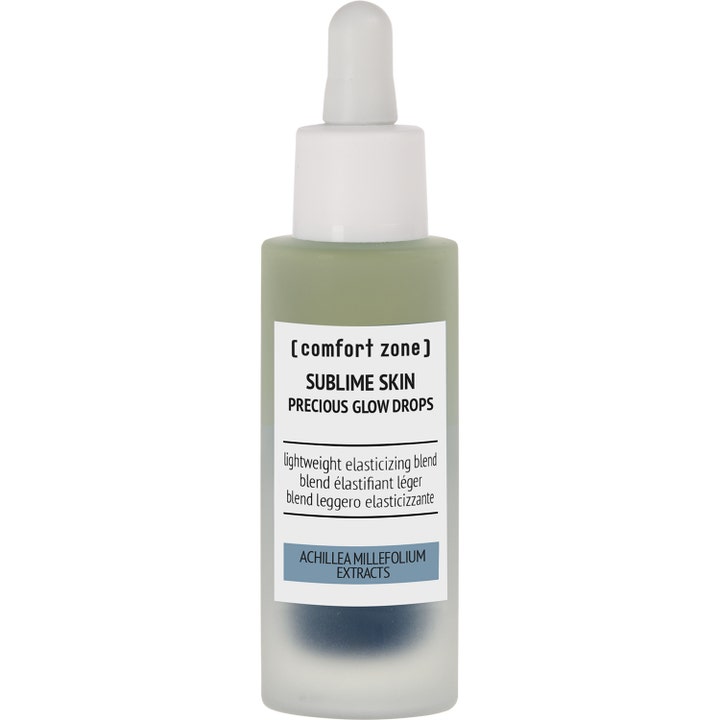 Comfort Zone Sublime Skin Precious Glow Drops comfort zone glow serum i frostat glas med vit pipett ger lyster.