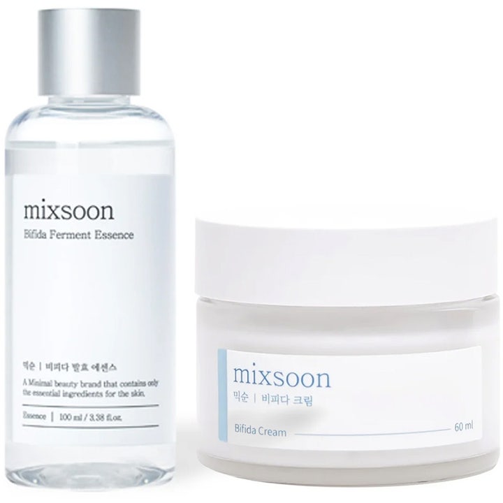 Mixsoon Bifida Ferment Essence 100 ml och Bifida Cream 60 ml stärker hudbarriären i klar flaska och vit glasburk