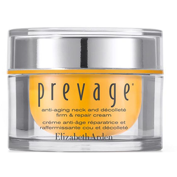 Elizabeth Arden Prevage Neck and Décolleté 50ml uppstramande halskräm i glasburk med gul kärna och silvrigt lock