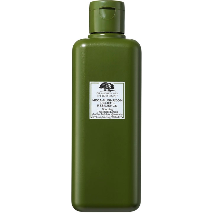 Origins Mega-Mushroom Relief & Resilience 200 ml lugnande lotion i en olivgrön rektangulär plastflaska.