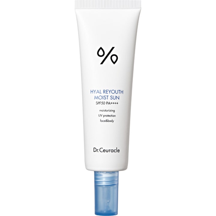 Dr. Ceuracle Hyal Reyouth Moist Sun SPF 50 återfuktande ansiktssolskydd med hyaluronsyra i vit tub med blått genomskinligt lock