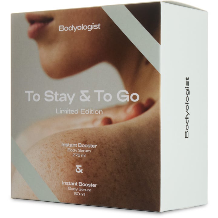 Bodyologist To Stay & To Go Gift Set 1 st återfuktande kroppsvård i box med närbild på hud och texten Limited Edition