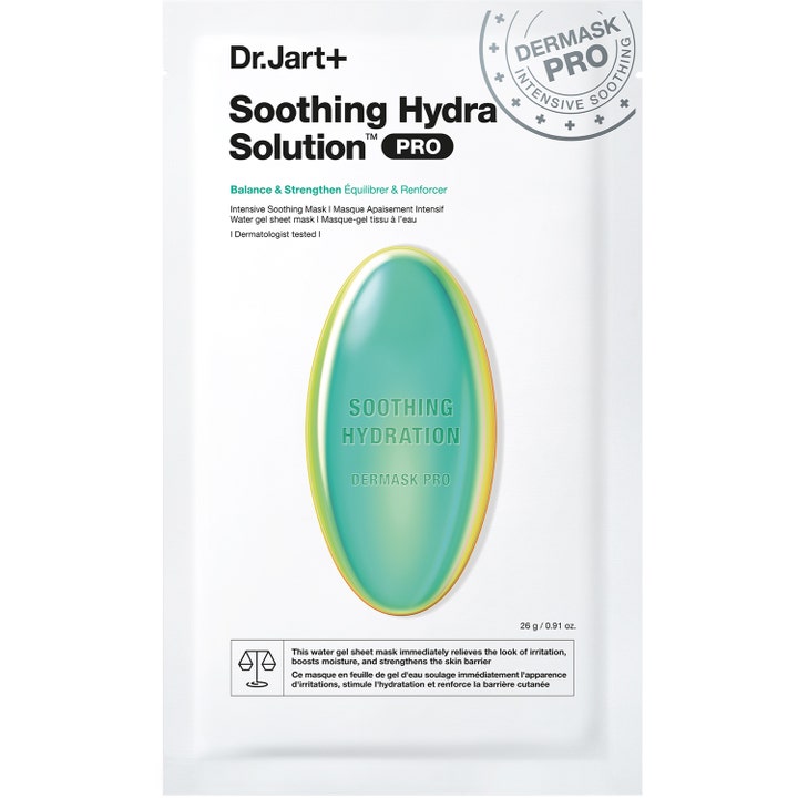 Dr.Jart+ Soothing Hydra Solution Pro 26 g lugnande koreansk ansiktsmask som ger fukt i vit sachet med turkos kapsel.