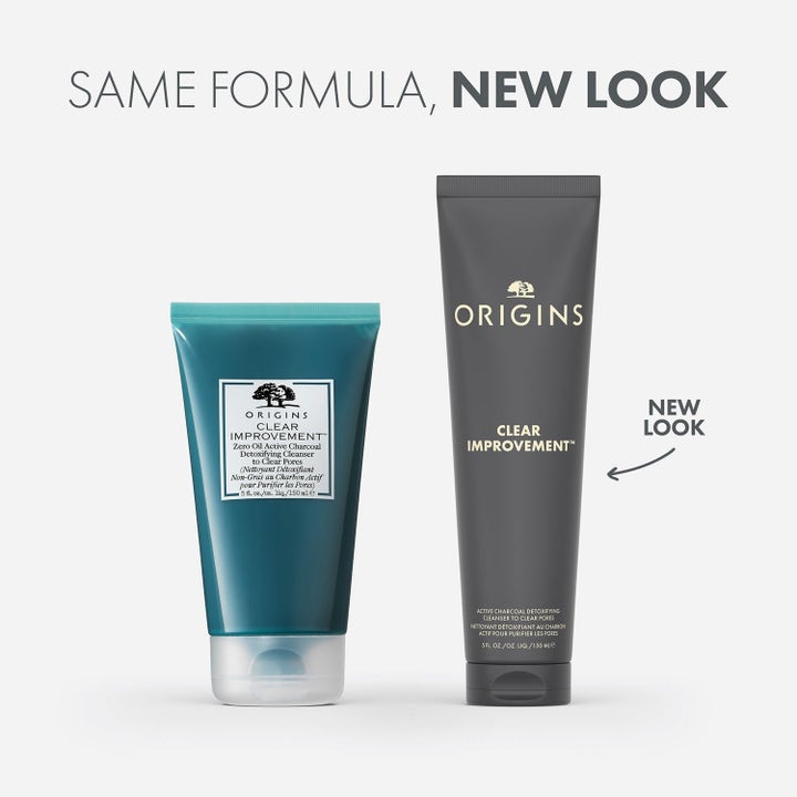 Origins Deep Clean & Hydrate 225 ml ansiktsrengöring med aktivt kol i gammal blå och ny grå tub.