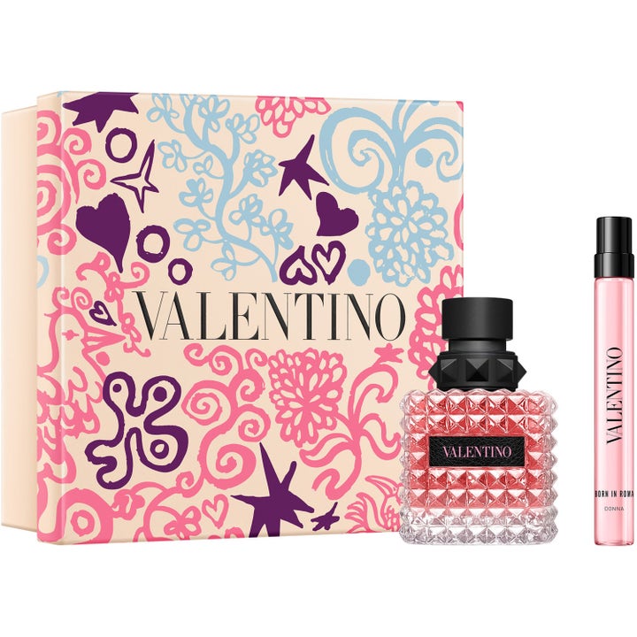 Valentino Born in Roma Pink Donna 1 st gåvoset med mönstrad presentask och nitad glasflaska med rosa vätska