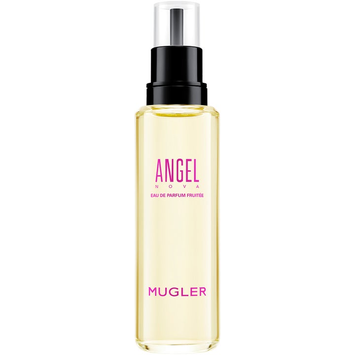 Mugler Angel Nova EdP Refill 100 ml parfymrefill i en klar glasflaska med ljusgul vätska och svart pump
