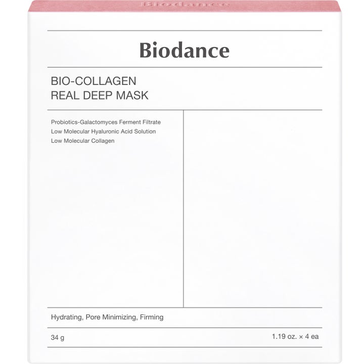Biodance Bio-Collagen Real Deep Mask 4 st fukt ansiktsmask ger elasticitet i vit ytterförpackning med rosa kant.