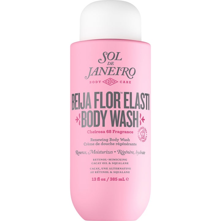 Sol de Janeiro Beija Flor Renewing Body Wash 385 ml förnyande duschkräm i en ljusrosa plastflaska med vitt lock.