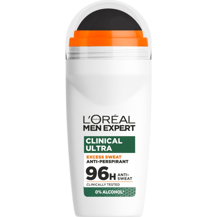 L'Oréal Men Expert Clinical Ultra 50 ml roll-on deodorant mot svett i vit förpackning med stor svart kula.