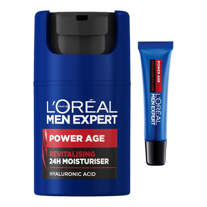 L'Oréal Men Expert Power Age återfuktande ansiktskräm och ögonkräm med hyaluronsyra i mörkblå pumpflaska och tub.