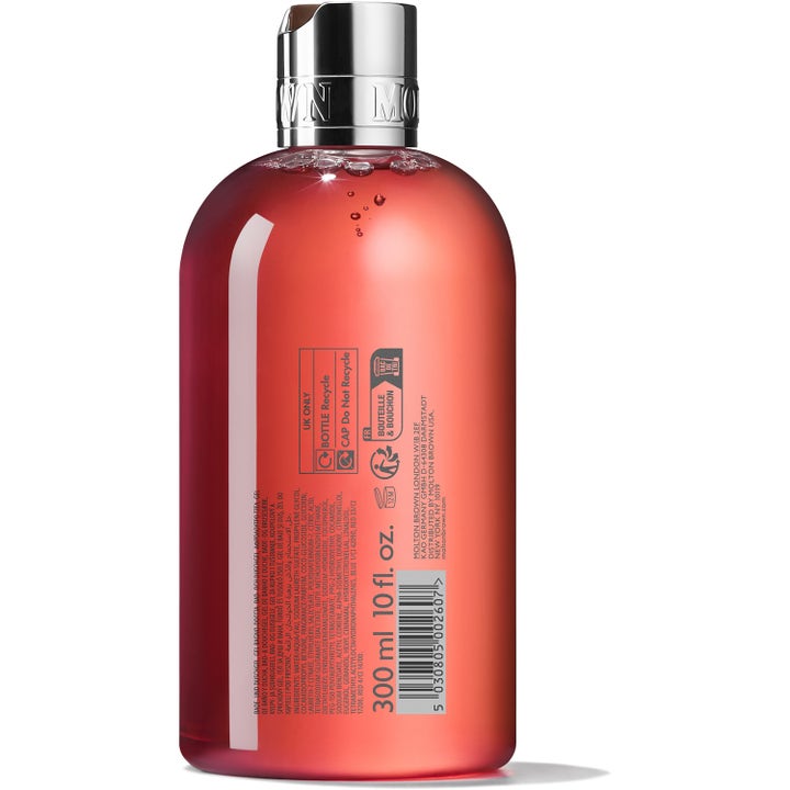 Molton Brown Heavenly Gingerlily 300 ml aromaterapi duschtvål i genomskinlig flaska med röd gel och silverkork