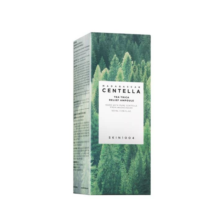 SKIN1004 Madagascar Centella Tea-Trica Relief Ampoule 100 ml cica serum för akne irriterad hud i grön ask med skogsmotiv.
