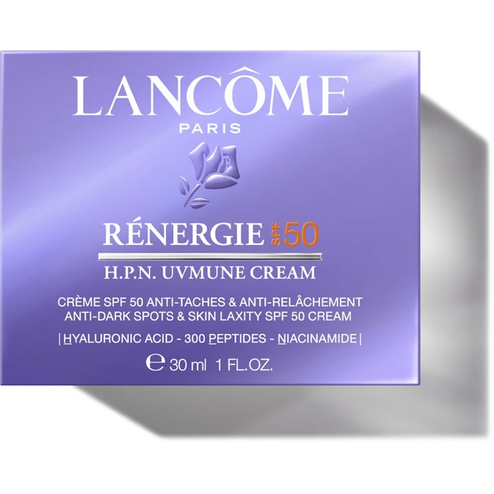 Lancôme Rénergie H.P.N. UVMUNE Cream 75 ml anti-aging kräm i lila ytterförpackning med SPF 50 och niacinamid.