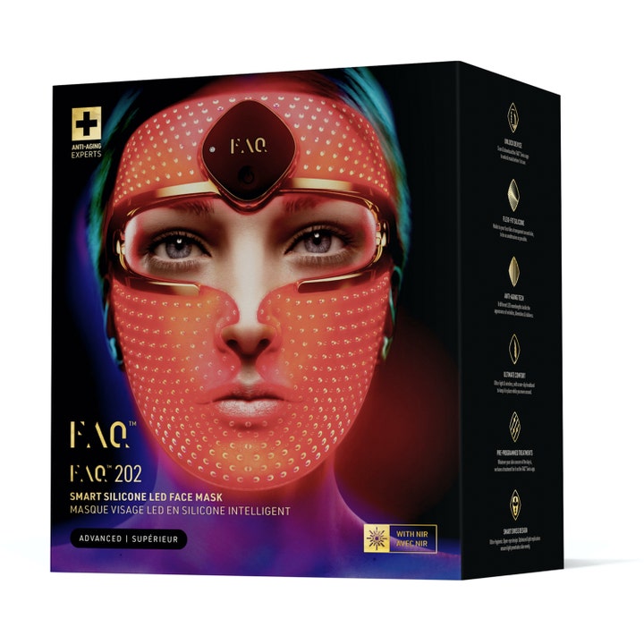 FAQ Swiss FAQ 202 Anti-Aging Silicone LED Mask 1 st motverkar ålderstecken i svart box som visar röd led ljusterapi mask