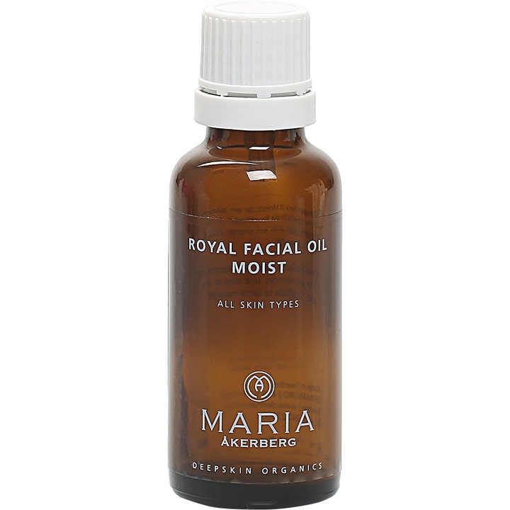 Maria Åkerberg Royal Facial Oil Moist återfuktande ansiktsolja för alla hudtyper anti-age i brun glasflaska med vitt lock.