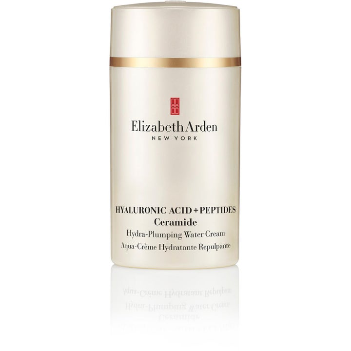 Elizabeth Arden Ceramide Hydra-Plumping Water Cream återfuktande ansiktskräm med hyaluronsyra i pärlemorskimrande burk.