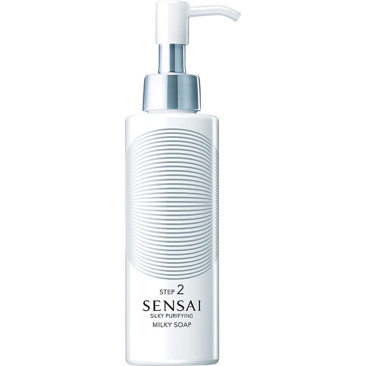 Sensai Silky Purifying Milky Soap 150ml krämig rengöringsmjölk i vit pumpflaska med eleganta silverdetaljer