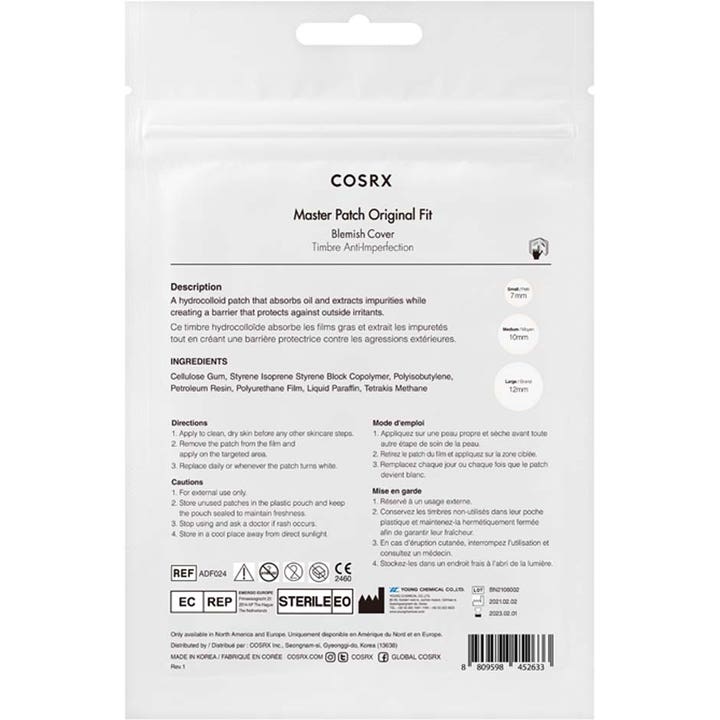 COSRX Master Patch Original Fit 24 st aknebehandling hydrokolloid baksida av vit påse med text och storleksguide