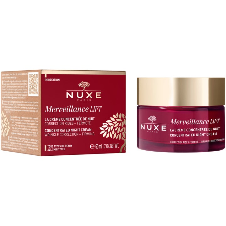 Nuxe Merveillance Lift Concentrated Night Cream 50 ml i röd glasburk med guldfärgat lock mot rynkor.