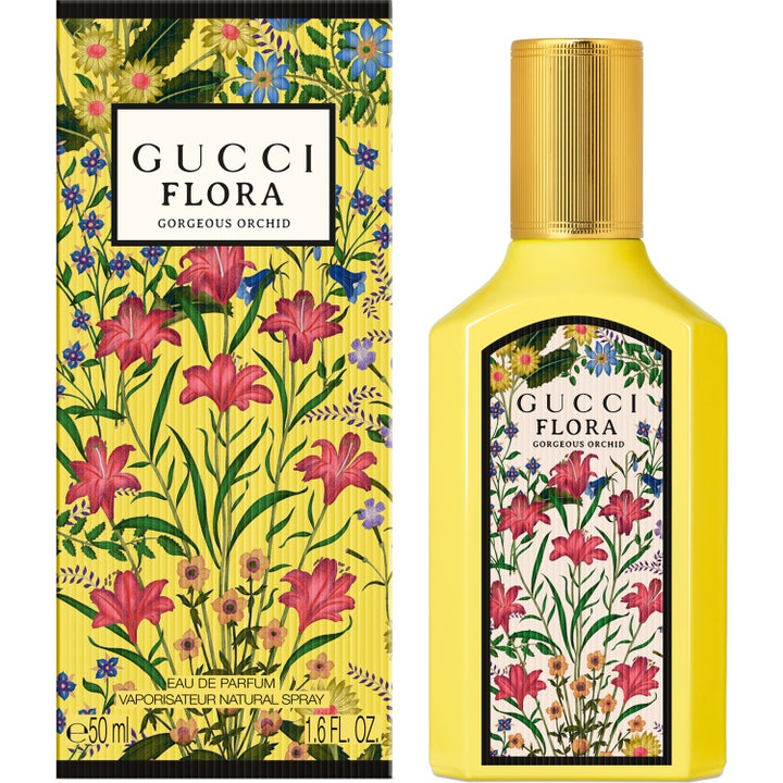 Gucci Flora Gorgeous Orchid 50 ml blommig parfym i gul flaska med guldkork och blommig ask ur Gucci Flora kollektion
