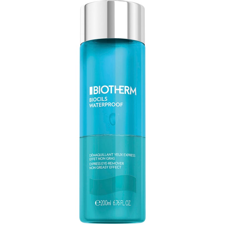 Biotherm Biocils Waterproof 200ml effektiv ögonmakeupremover i genomskinlig flaska med blå vätska och silverlock