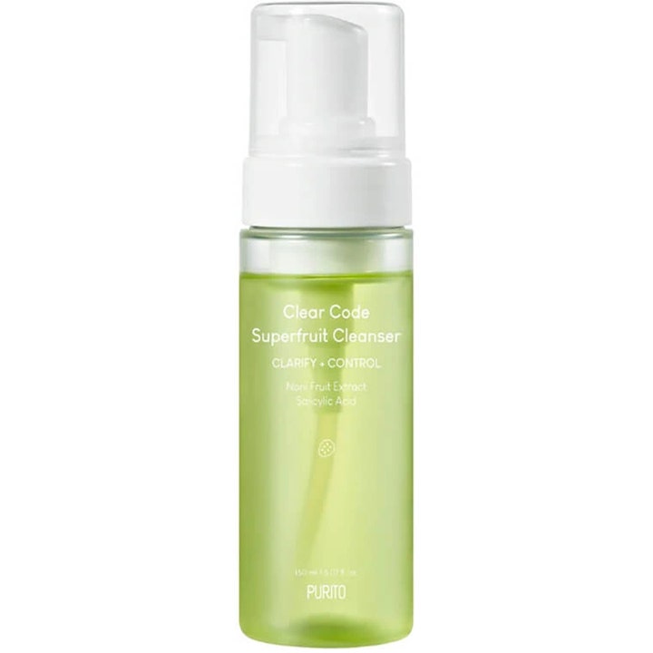 Purito Clear Code Superfruit Cleanser 150 ml ansiktsrengöring med fruktextrakt för fet hy i grön flaska med pump.