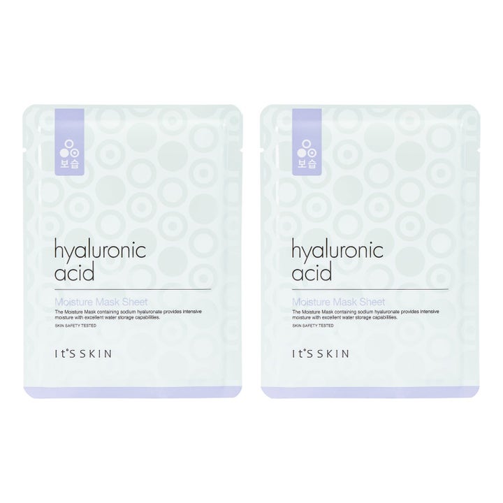It'S SKIN Hyaluronic Acid Moisture Mask Sheet 2-pack återfuktande ansiktsmasker i ljusblå förpackningar.