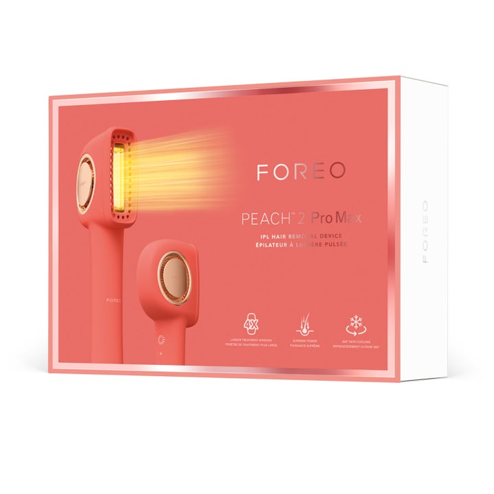 FOREO PEACH 2 Pro Max 1 st IPL-hårborttagning i persikorosa förpackning som visar en aktiv ljusimpuls.