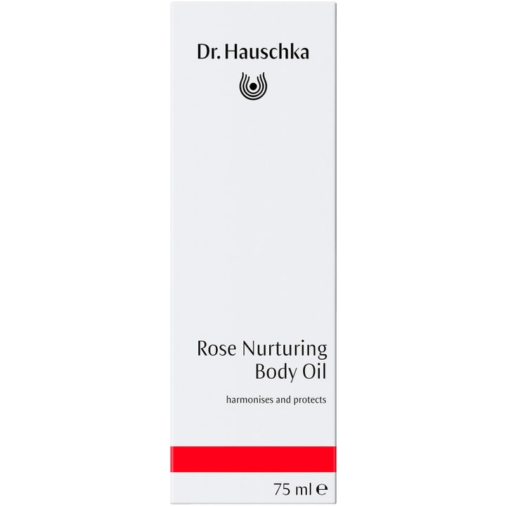 Dr. Hauschka Rose Nurturing Body Oil 75 ml intensivt närande kroppsolja i vit ytterförpackning med röd rand
