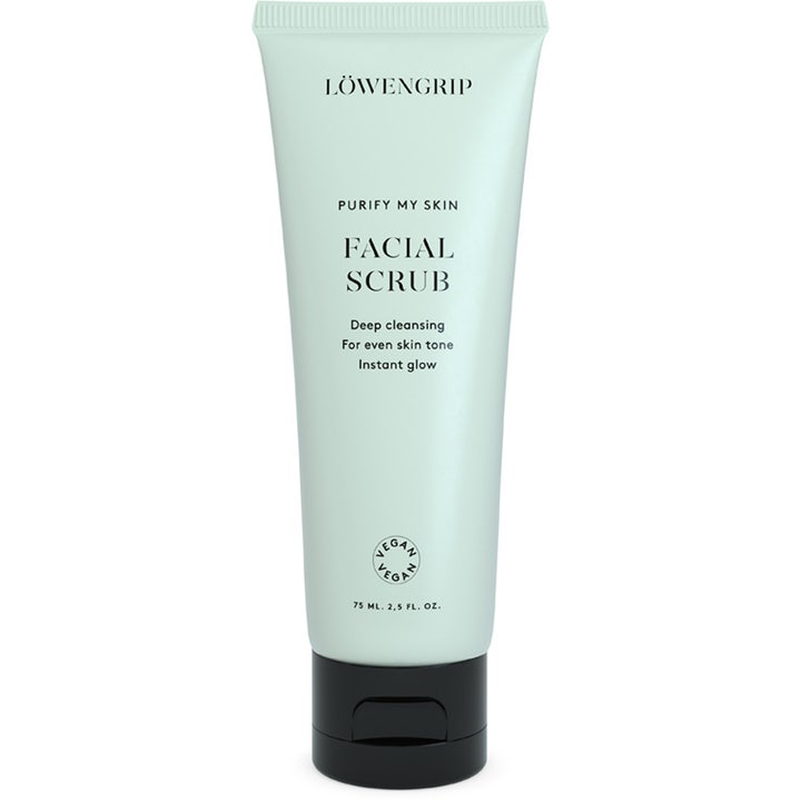 Löwengrip Purify My Skin Facial Scrub 75 ml djuprengörande ansiktsskrubb i ljus mintgrön tub med svart lock